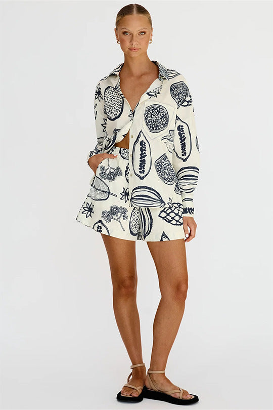 Early Autumn Casual Premium Fruit Printed Shorts Cardigan Suit -