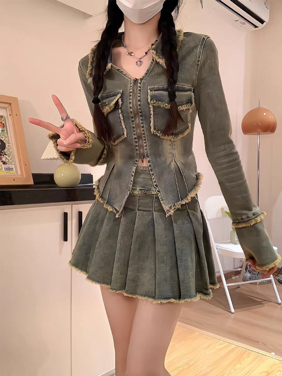 Hot Girl Washed Frayed Hem Denim Short Coat Two-piece Suit -