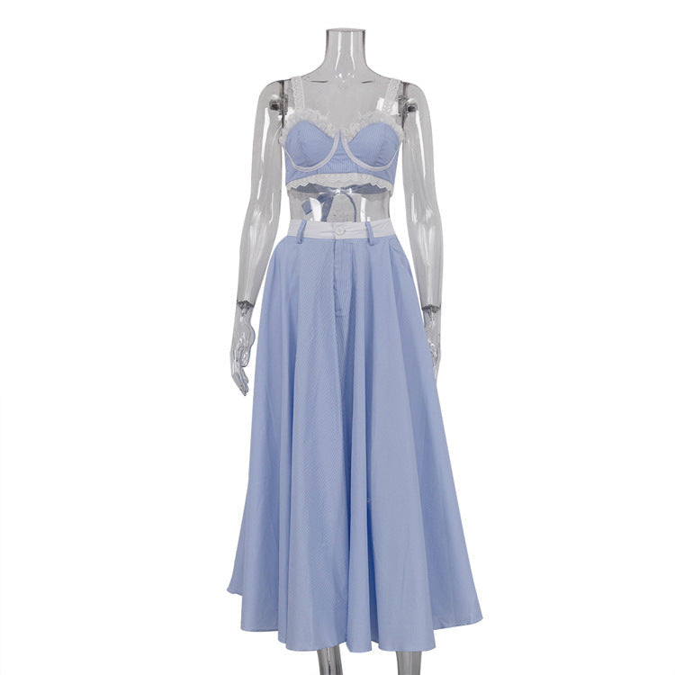 2 Pieces Lace Splicing Sling Vest High Waist Big Swing Skirt Fashion Blue Print Sets Spaghetti Strap Lace Bra And High Waisted Loose Pleated Skirts Sets -