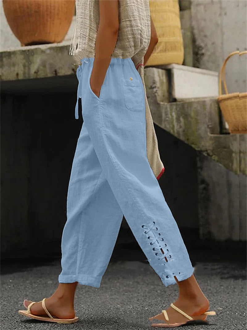 Cotton Linen Solid Color Pocket Sweet Stitching Casual Pants -