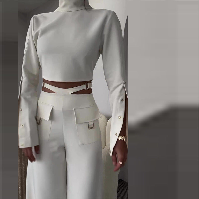 High Collar Midriff-baring Loose Wide Leg Library Suit -