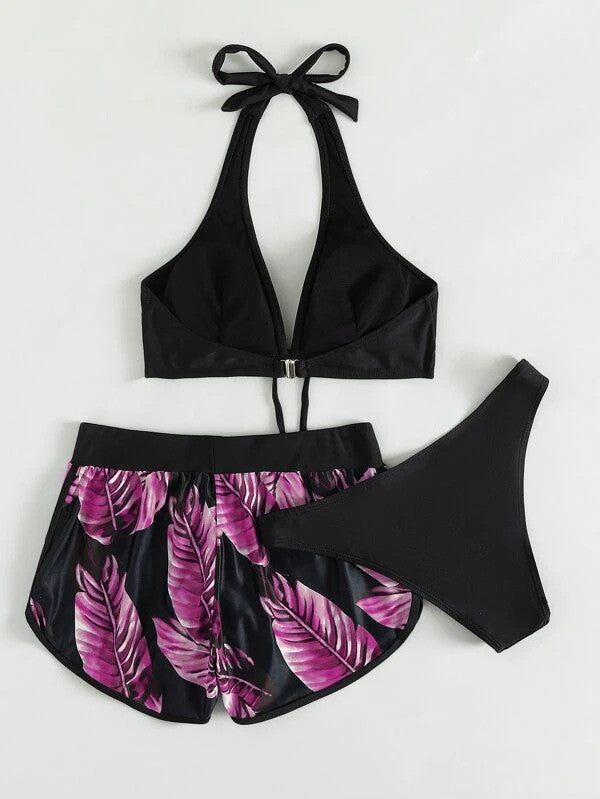 Set Bikini cu Shortși si Top - Print Tropical, Vară -