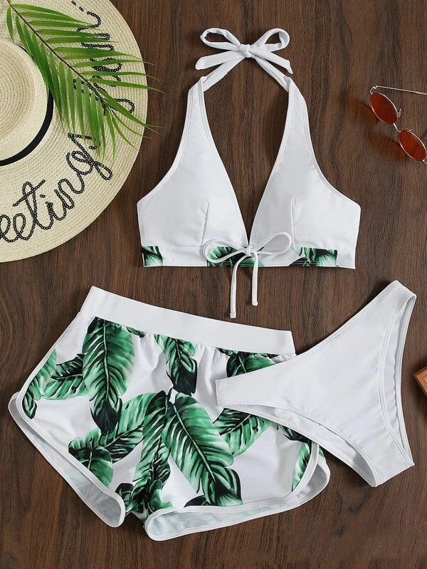 Set Bikini cu Shortși si Top - Print Tropical, Vară -
