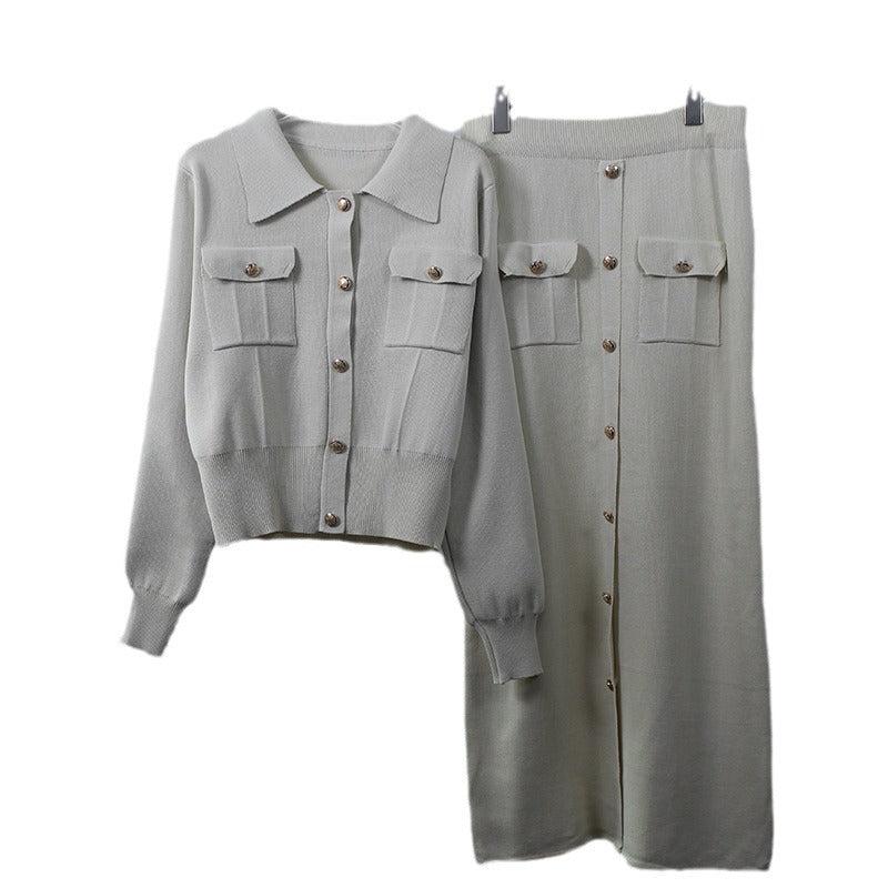 Elegant Pleated Slim-fit Lapel Woolen Skirt Two-piece Suit -