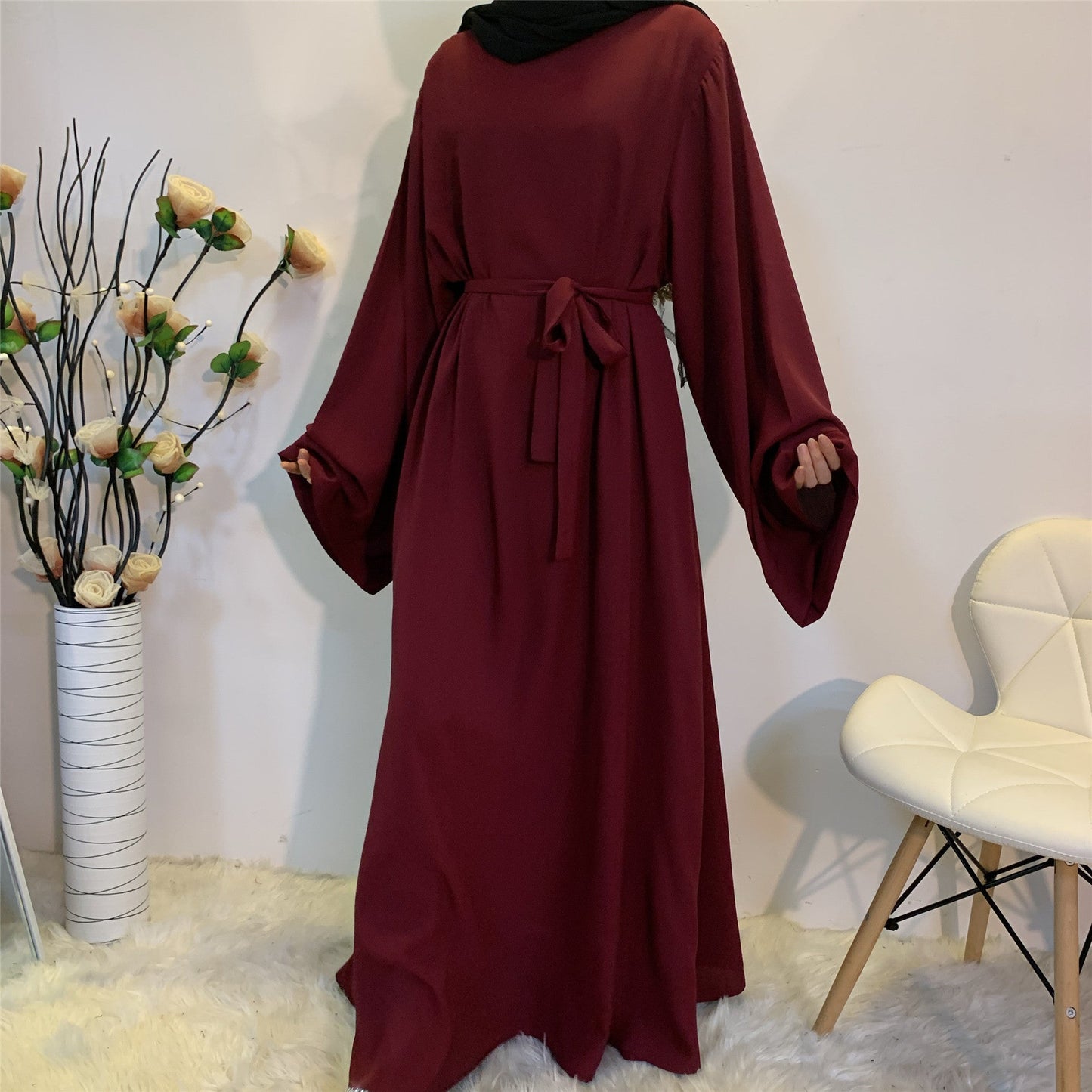 Solid Color Plus Size Lace-up Muslim Dress -
