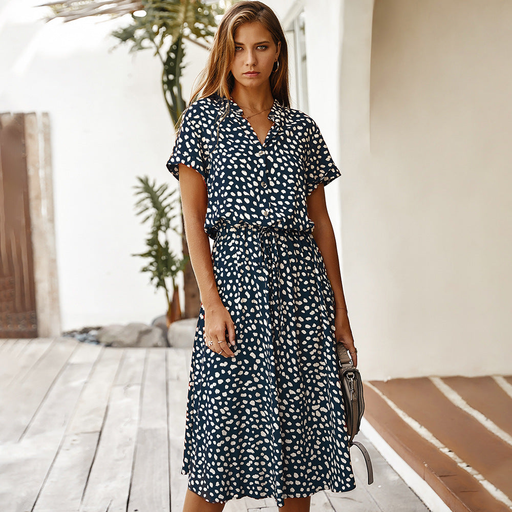 Women's Wave Point Short Sleeve Dress Shirt Collar Skirt -