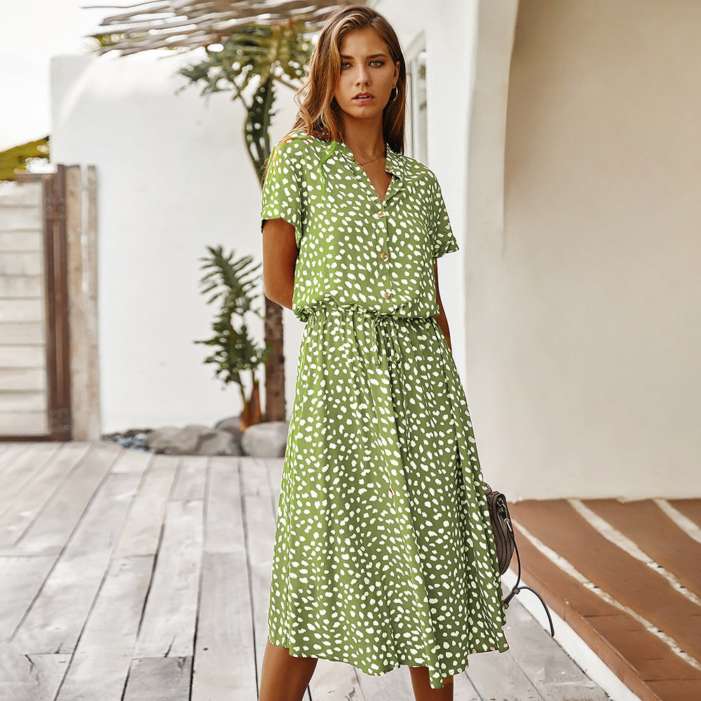 Women's Wave Point Short Sleeve Dress Shirt Collar Skirt -