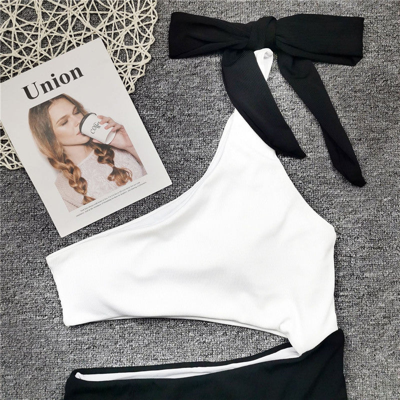 One-piece Swimsuit Contrast One-shoulder Bow Bikini -