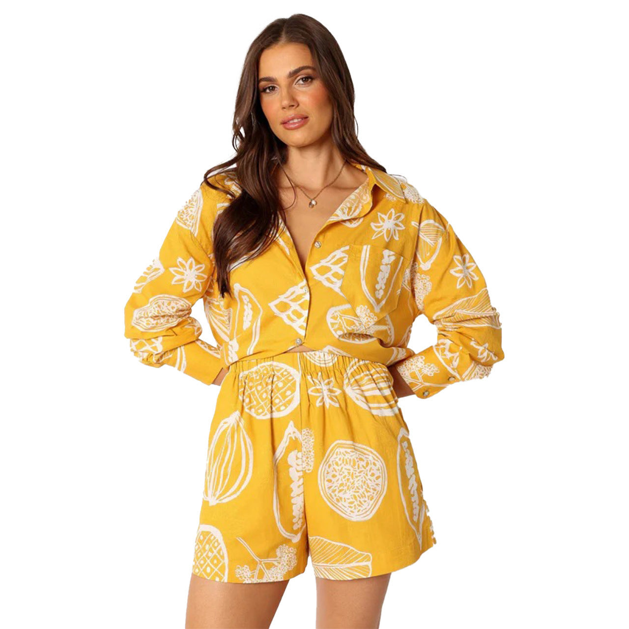 Early Autumn Casual Premium Fruit Printed Shorts Cardigan Suit -