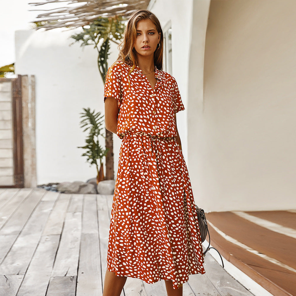 Women's Wave Point Short Sleeve Dress Shirt Collar Skirt -