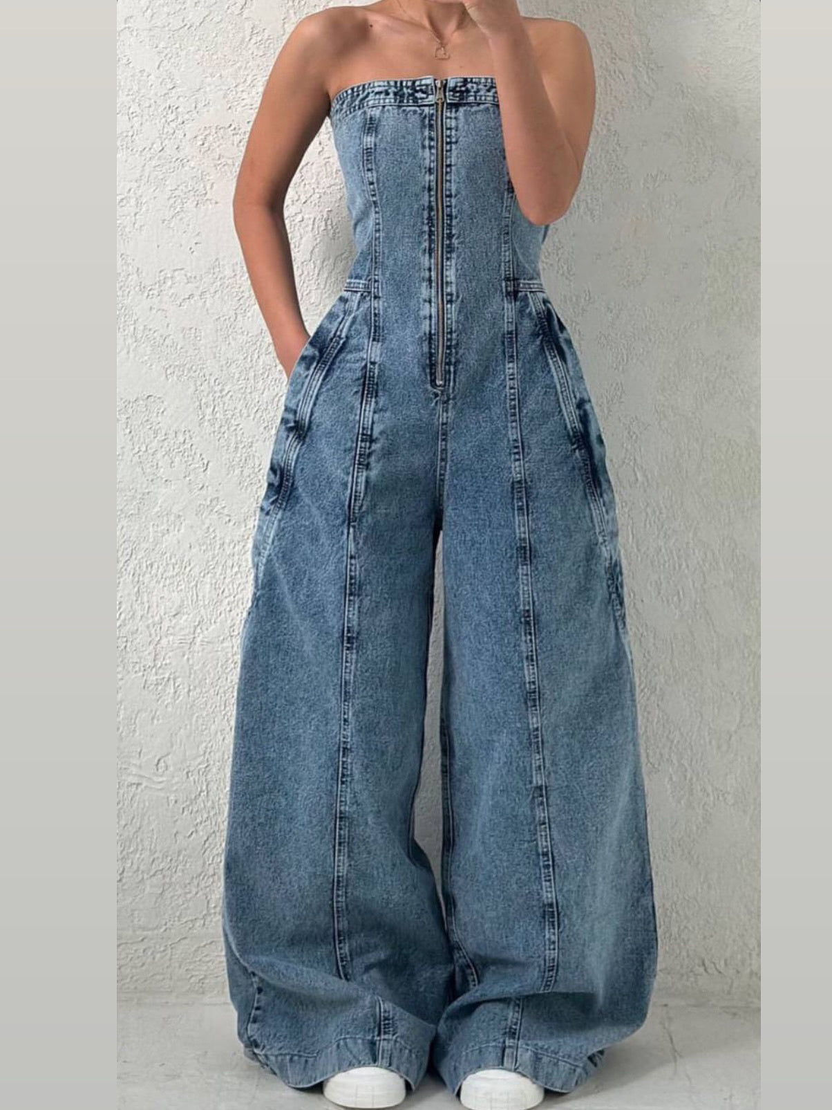 Denim Bandeau Zipper Jumpsuit & Jacket Set -