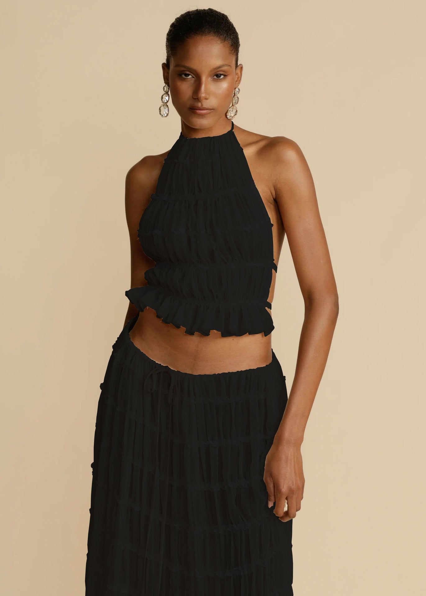 Set Plajă : Top Halter Spate Decoltat + Fustă Lungă Plisată -