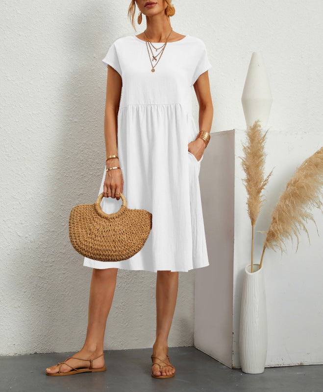 Rochie Vara Buzunare A-Line - Guler Rotund, Casual Elegantă, Culori Uni -