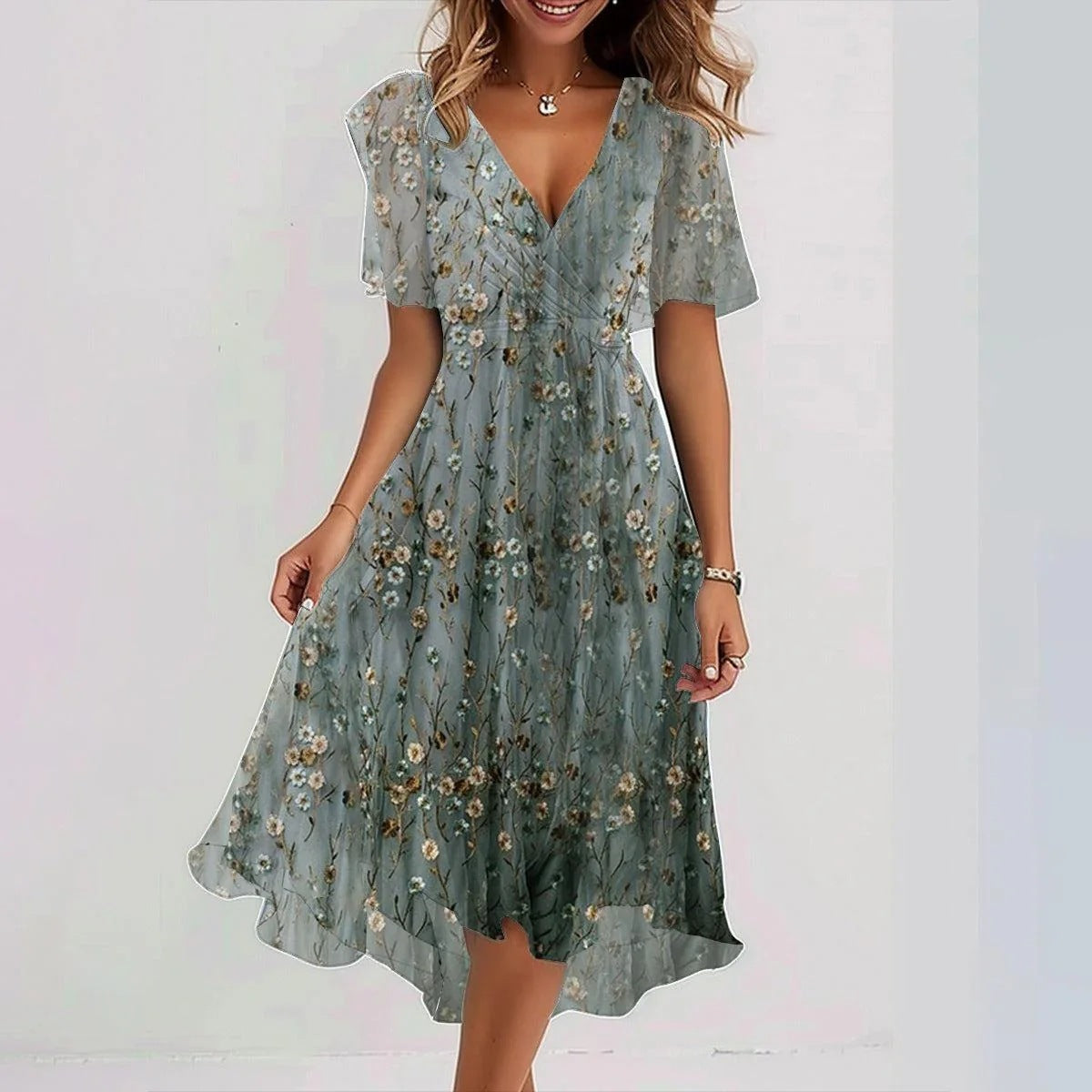 Rochie Elegantă de Vară din Chiffon - Imprimeu Floral, Decolteu V -