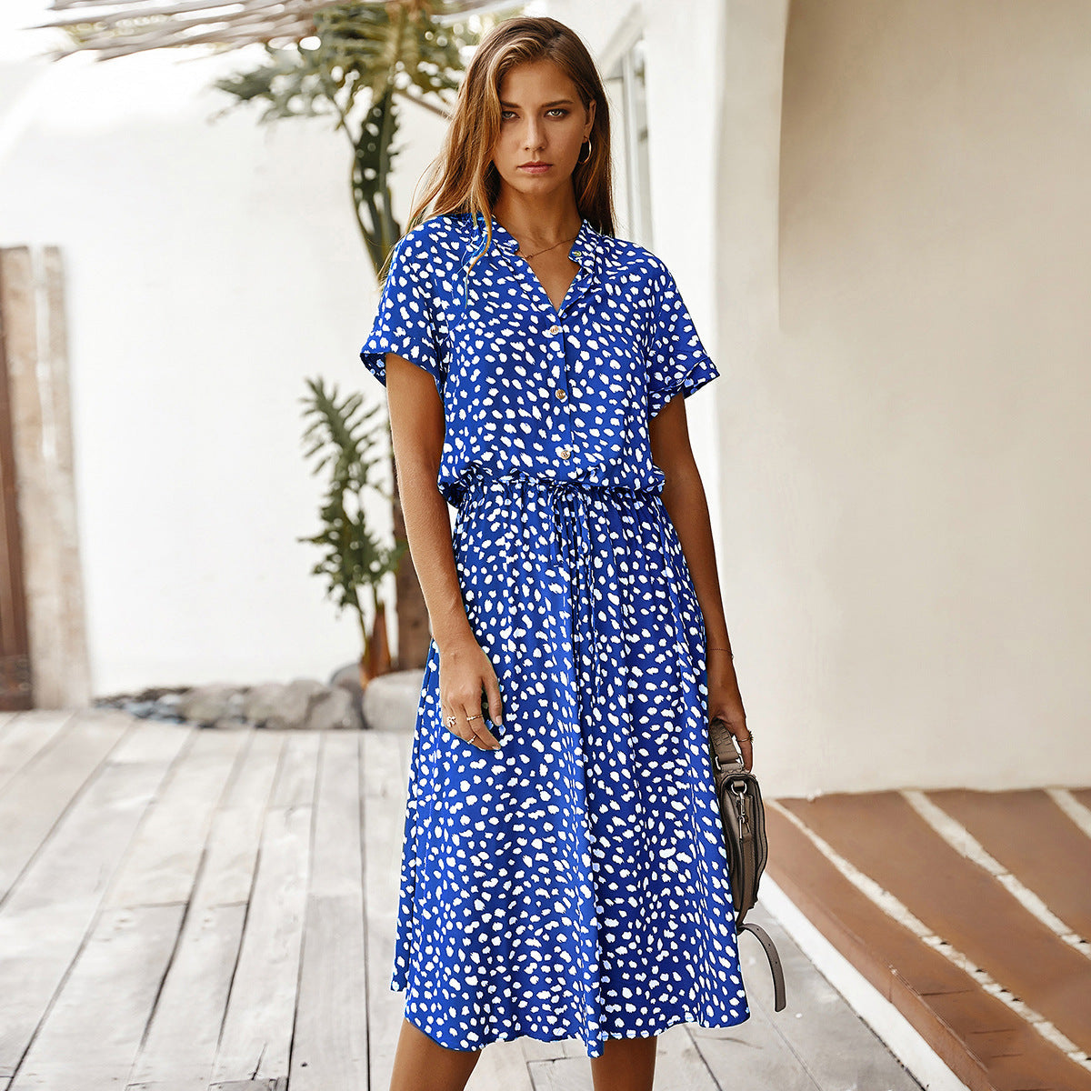 Women's Wave Point Short Sleeve Dress Shirt Collar Skirt -