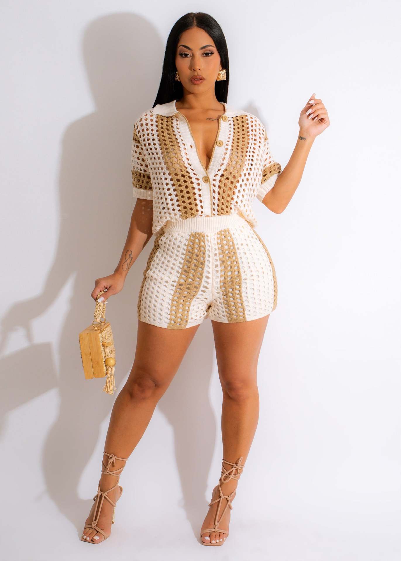 Women's Perspective Lapel Knitted Shorts Set -