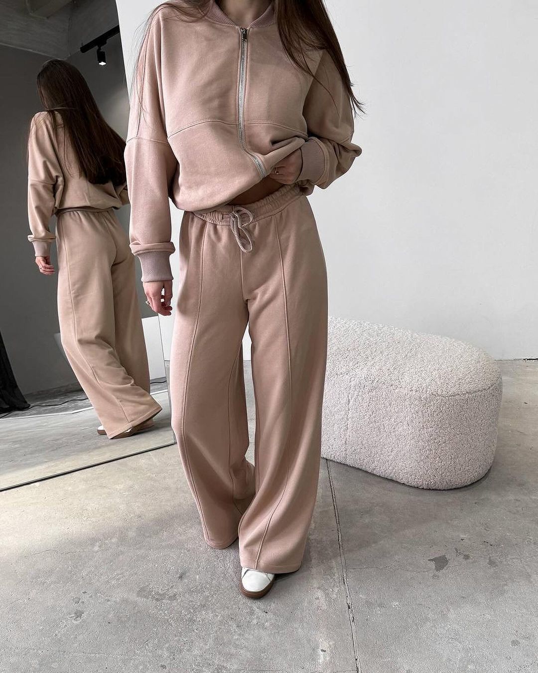 Spring Fashion Solid Color Zipper Cardigan Straight-leg Pants Women's Suit -