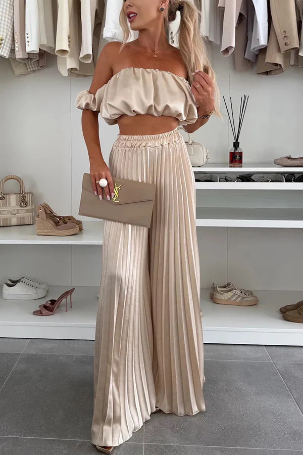 Women's Fashion Satin Tube Top Wide Leg Pants Suit -