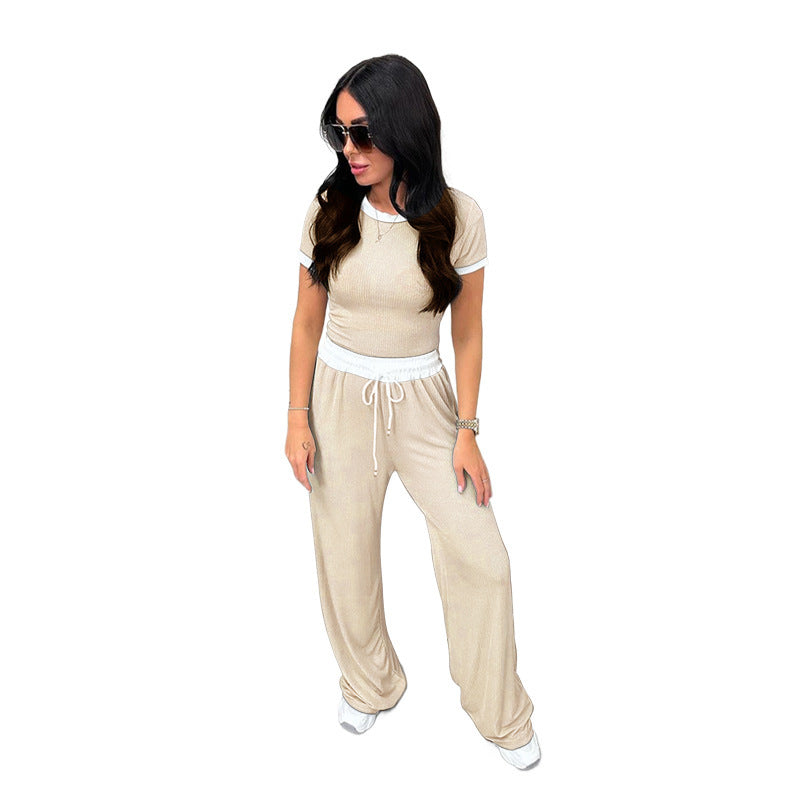 Round Neck Contrast Color Women's Fashion Casual Wide-leg Pants Sports Suit -