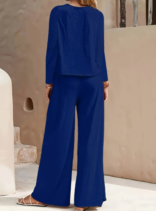 Spring And Autumn Solid Color Simple Round Neck Long Sleeve Side Pocket High Waist Wide Leg Trousers Set -