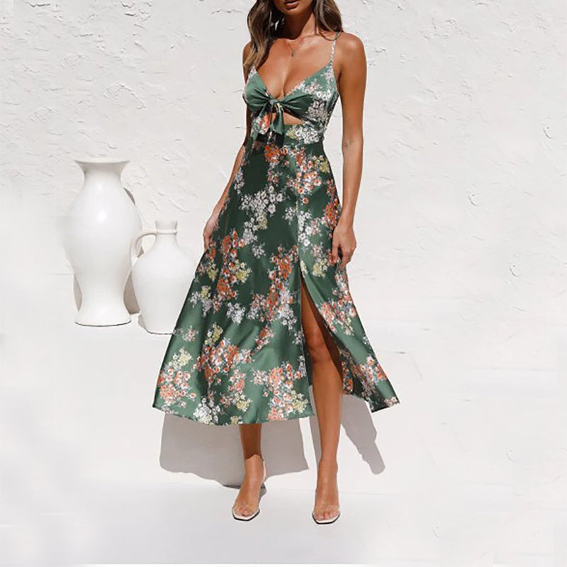 Rochie Beach cu Curele și Fentă laterală - Imprimeu Floral, Talie Decorativă -