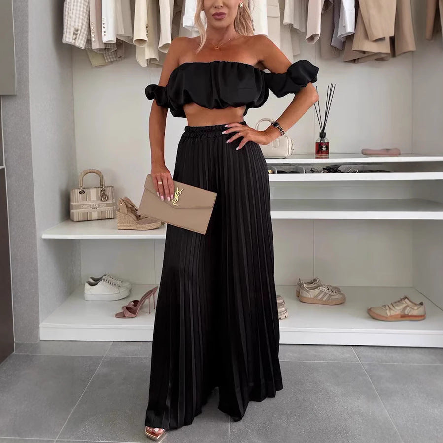 Women's Fashion Satin Tube Top Wide Leg Pants Suit -