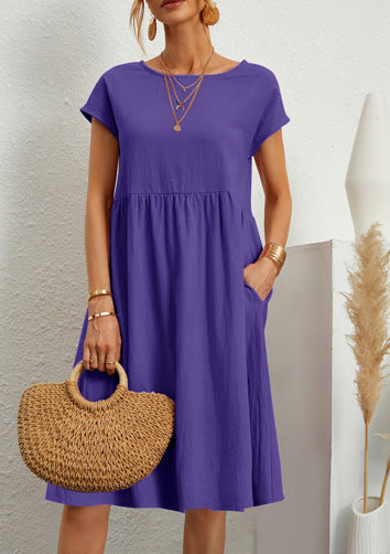Rochie Vara Buzunare A-Line - Guler Rotund, Casual Elegantă, Culori Uni -