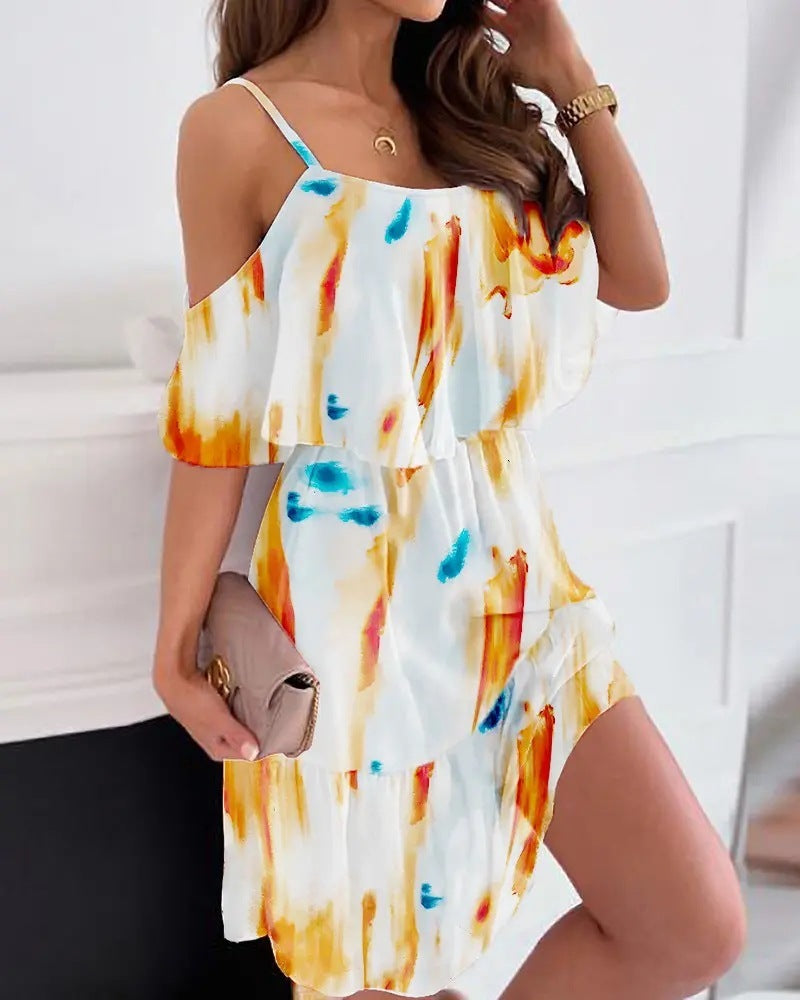 Rochie Vară Off-Shoulder Volane - Bretele Suspender, Floral Romantic, Culori VII -