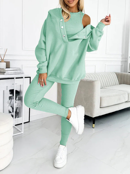 3pcs Women's Sports Suit Loose Hooded Pockets Sweatshirt And Vest And Slim Trousers -
