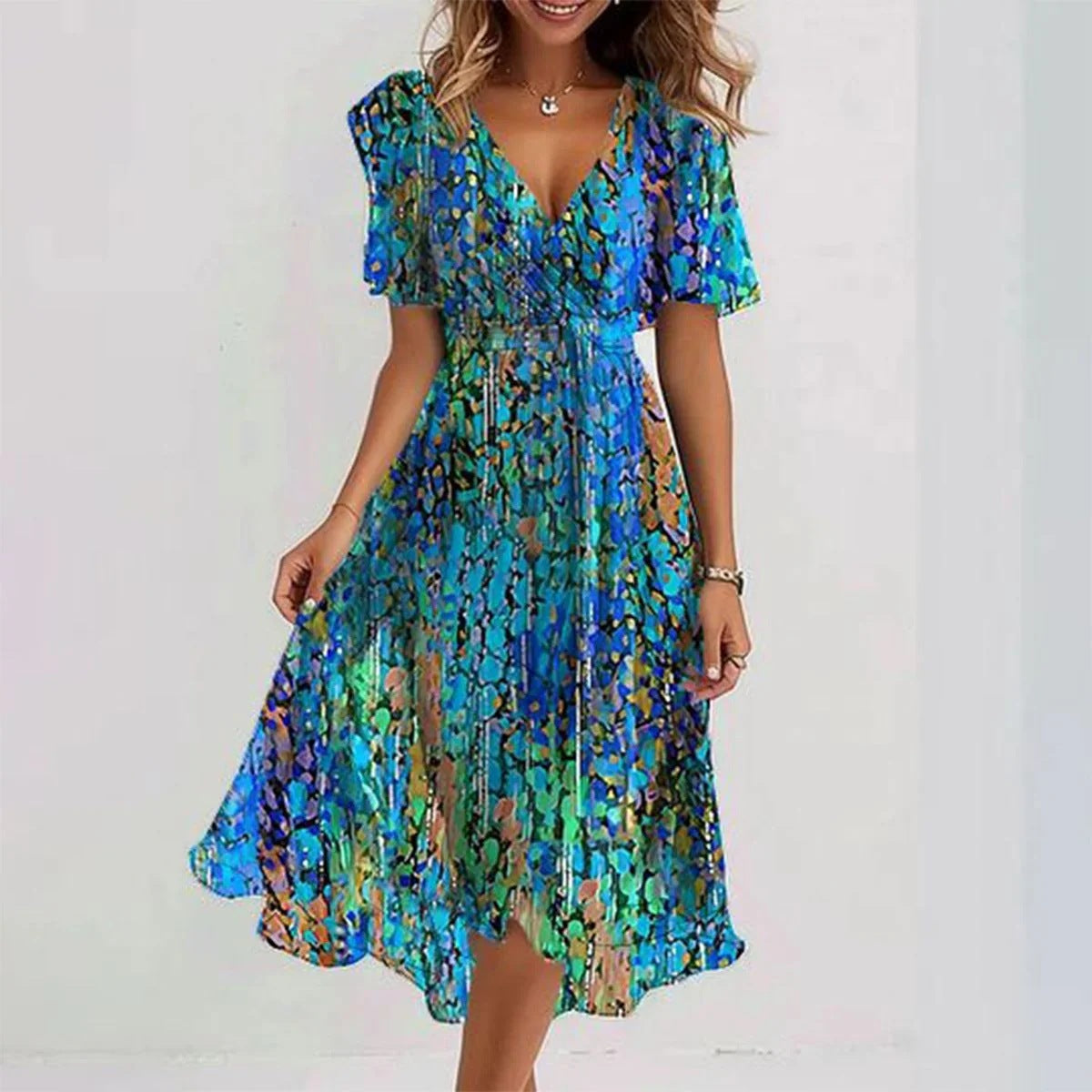 Rochie Elegantă de Vară din Chiffon - Imprimeu Floral, Decolteu V -