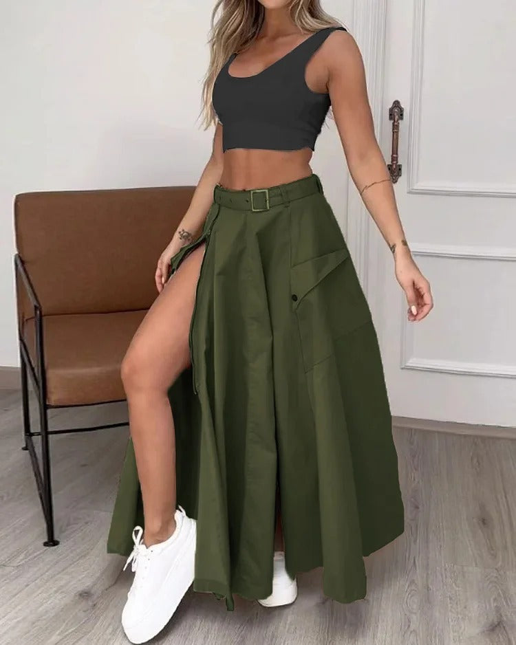Ladies Suit Summer New Sleeveless Solid Color Slit Two-piece Set -