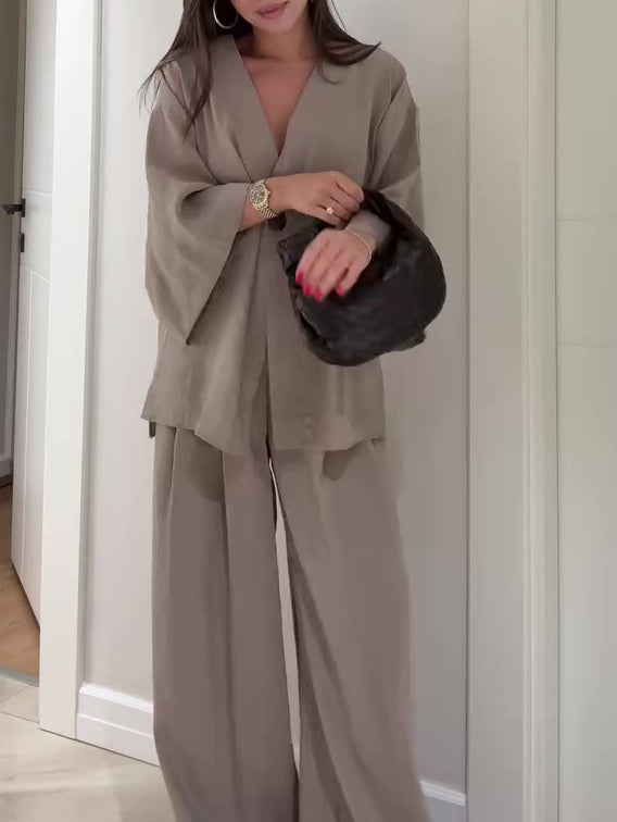 Solid Color Single Button Top And Pants Set -