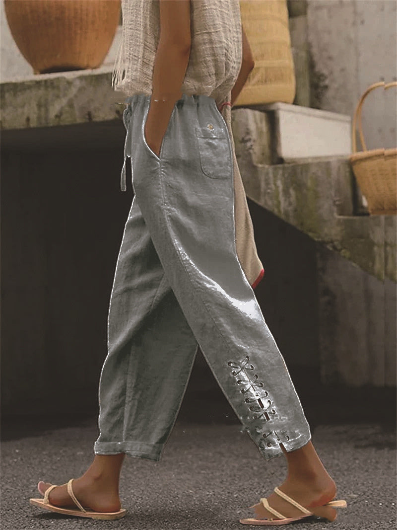 Cotton Linen Solid Color Pocket Sweet Stitching Casual Pants -