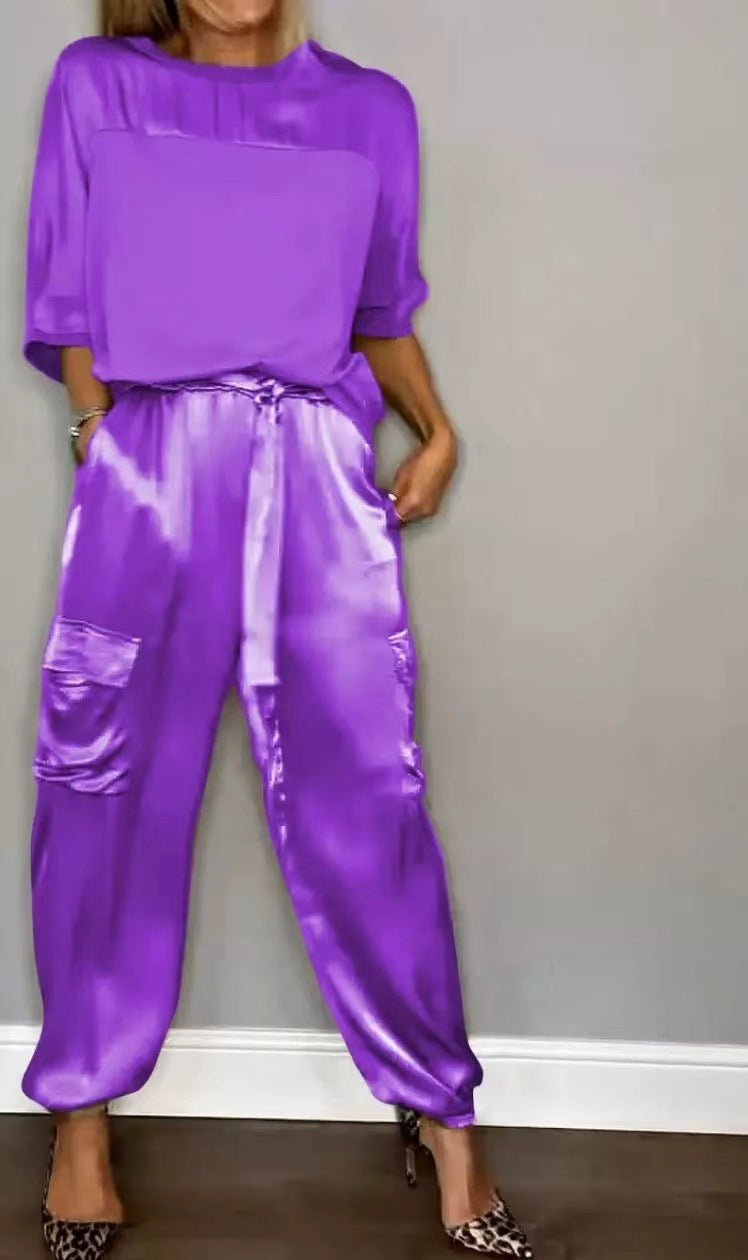 Fashion Women's Smooth Satin Half Sleeve Top Blouse And Pants Two-piece Set -