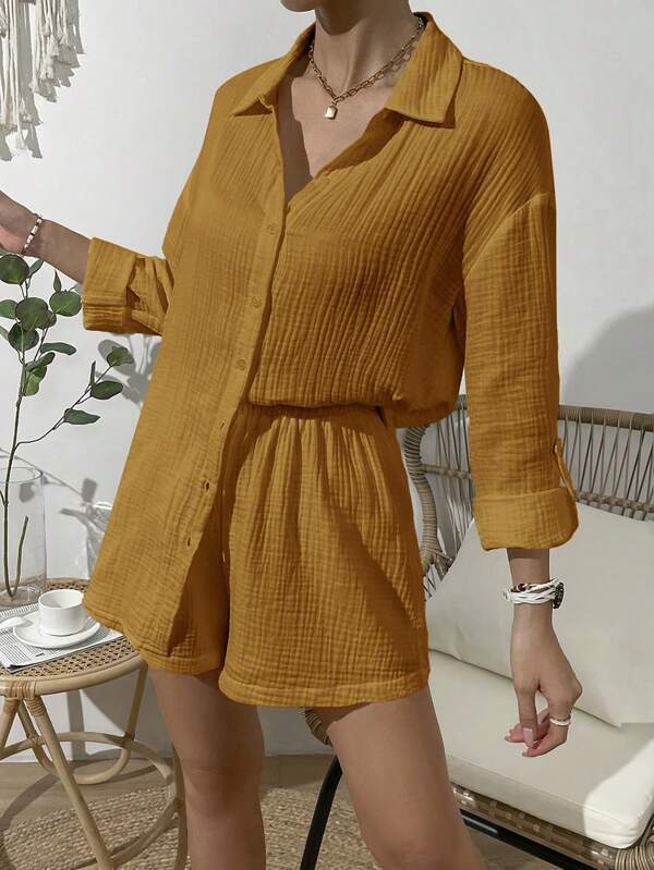 Women's Fashion Solid Color Shirt Casual Shorts Two-piece Set -