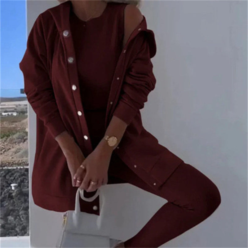 Women's Fashion Sports And Leisure Hooded Sweater Vest Pants Three-piece Set -