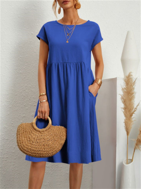Rochie Vara Buzunare A-Line - Guler Rotund, Casual Elegantă, Culori Uni -