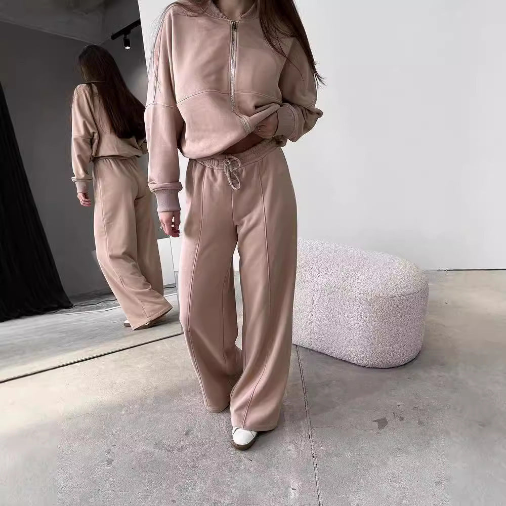 Spring Fashion Solid Color Zipper Cardigan Straight-leg Pants Women's Suit -
