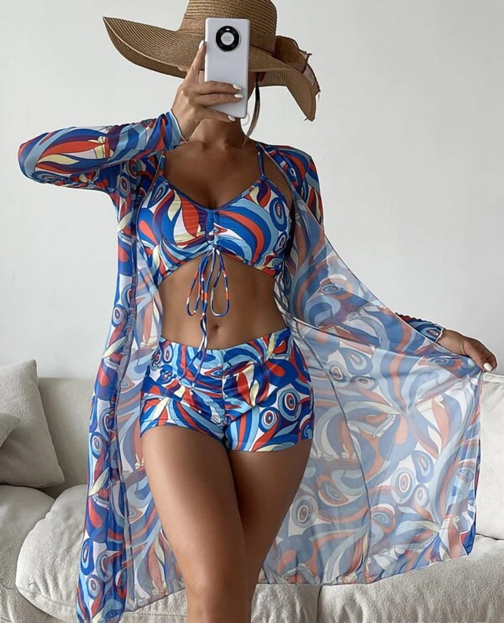 Swimsuit Female Split Three-piece Set High Waist Long Sleeve Smock Drawstring Suit -