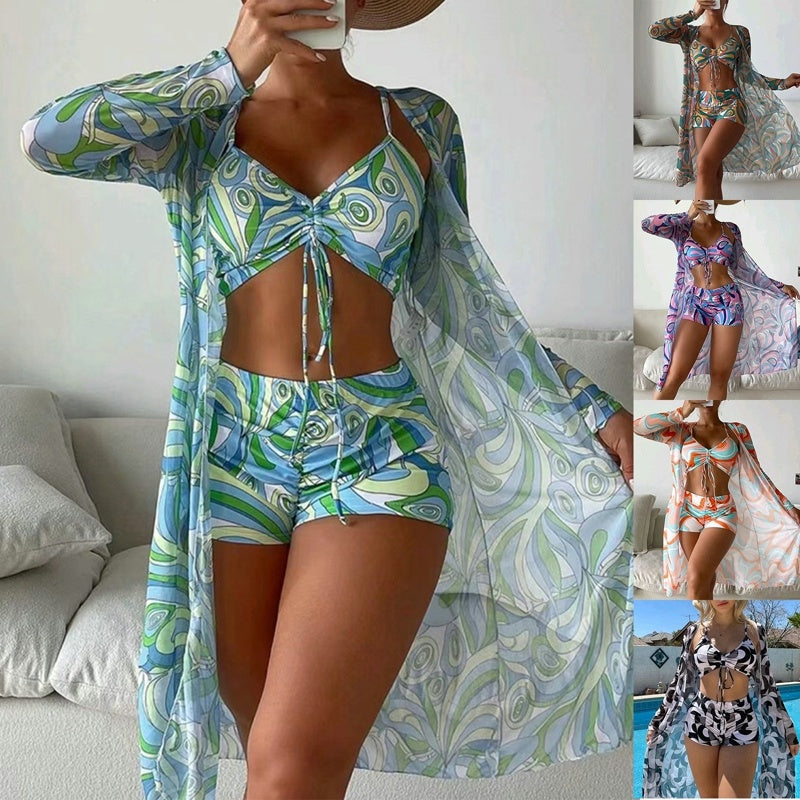 Swimsuit Female Split Three-piece Set High Waist Long Sleeve Smock Drawstring Suit -