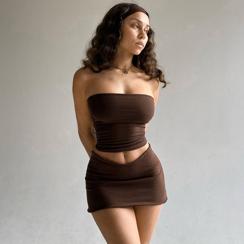 Casual One Word Tube Top Slim Short Skirt Suit -