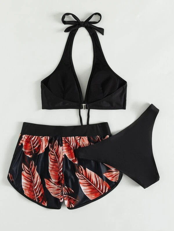 Set Bikini cu Shortși si Top - Print Tropical, Vară -