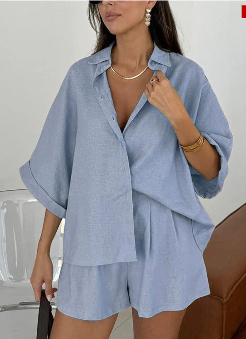 Fashion Polo Collar Half Sleeve Top And Shorts Two-piece Set -