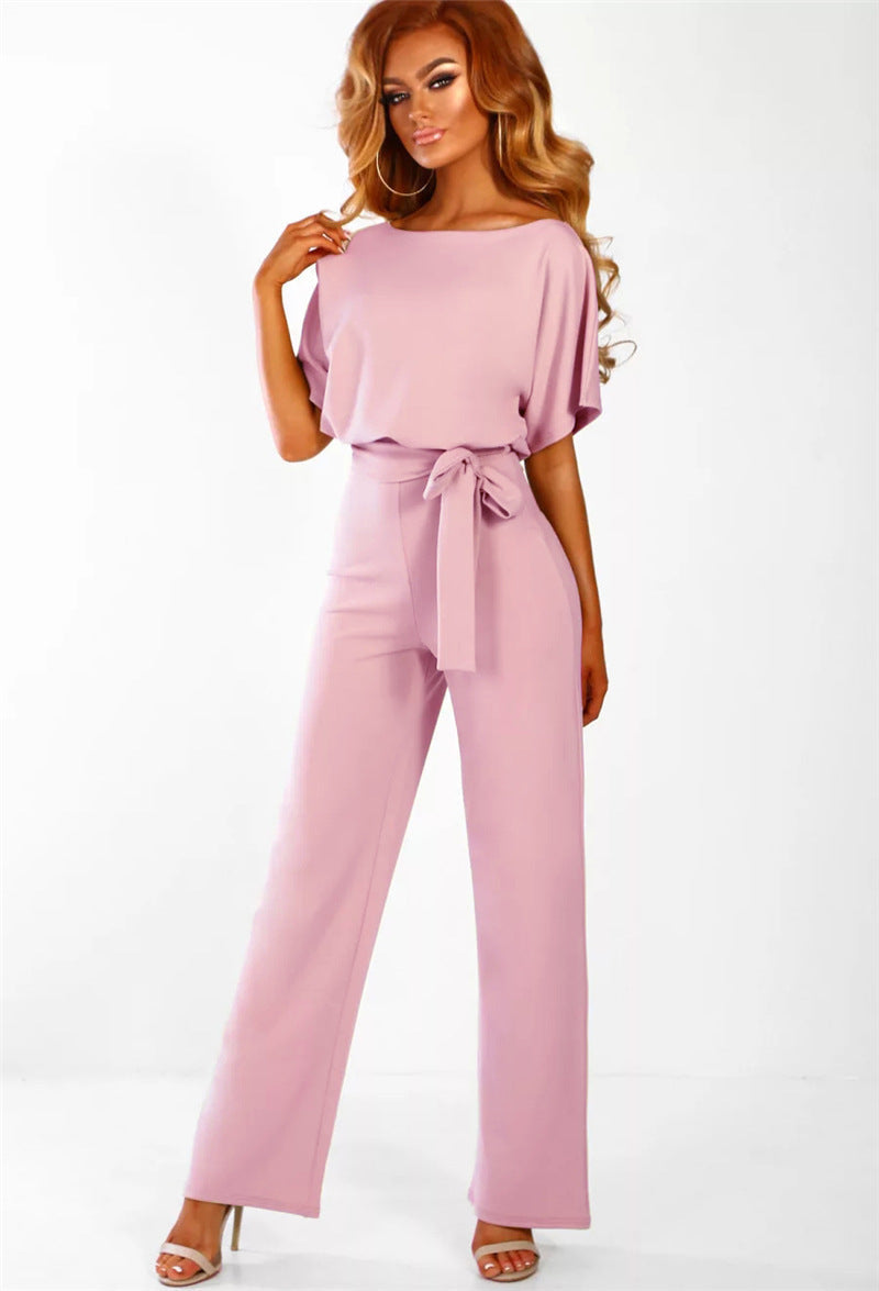 7-color Fashion Lace-up Button Short-sleeved Women's Jumpsuit -
