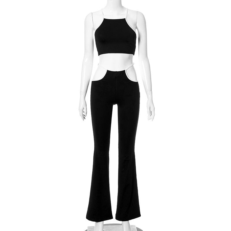 Women's Spaghetti Straps Midriff-baring Vest Wide Leg Pants Suit -