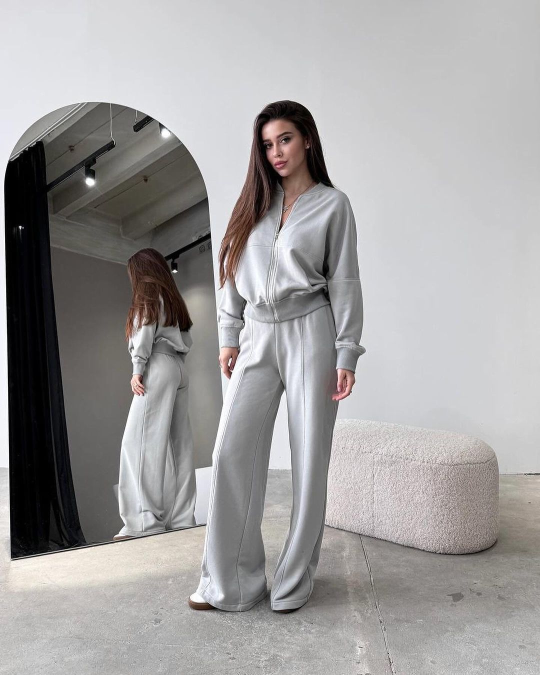 Spring Fashion Solid Color Zipper Cardigan Straight-leg Pants Women's Suit -