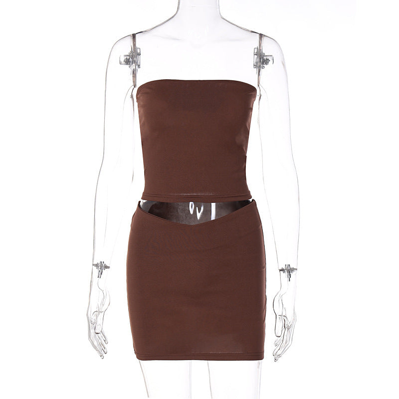 Casual One Word Tube Top Slim Short Skirt Suit -