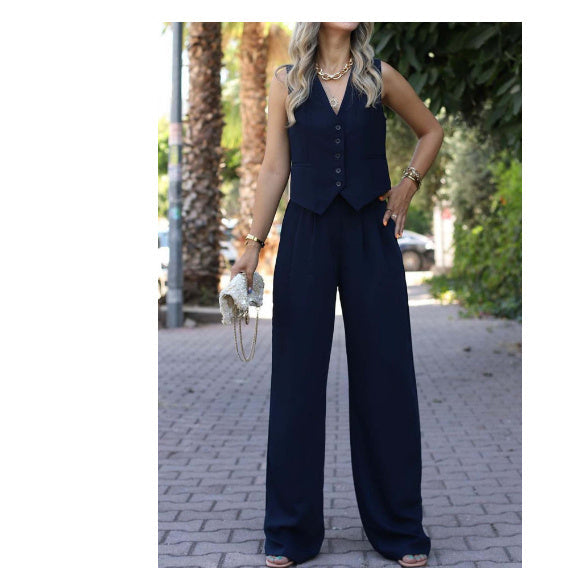 V-neck Sleeveless Waistcoat Vest Drooping Wide-leg Pants Suit -