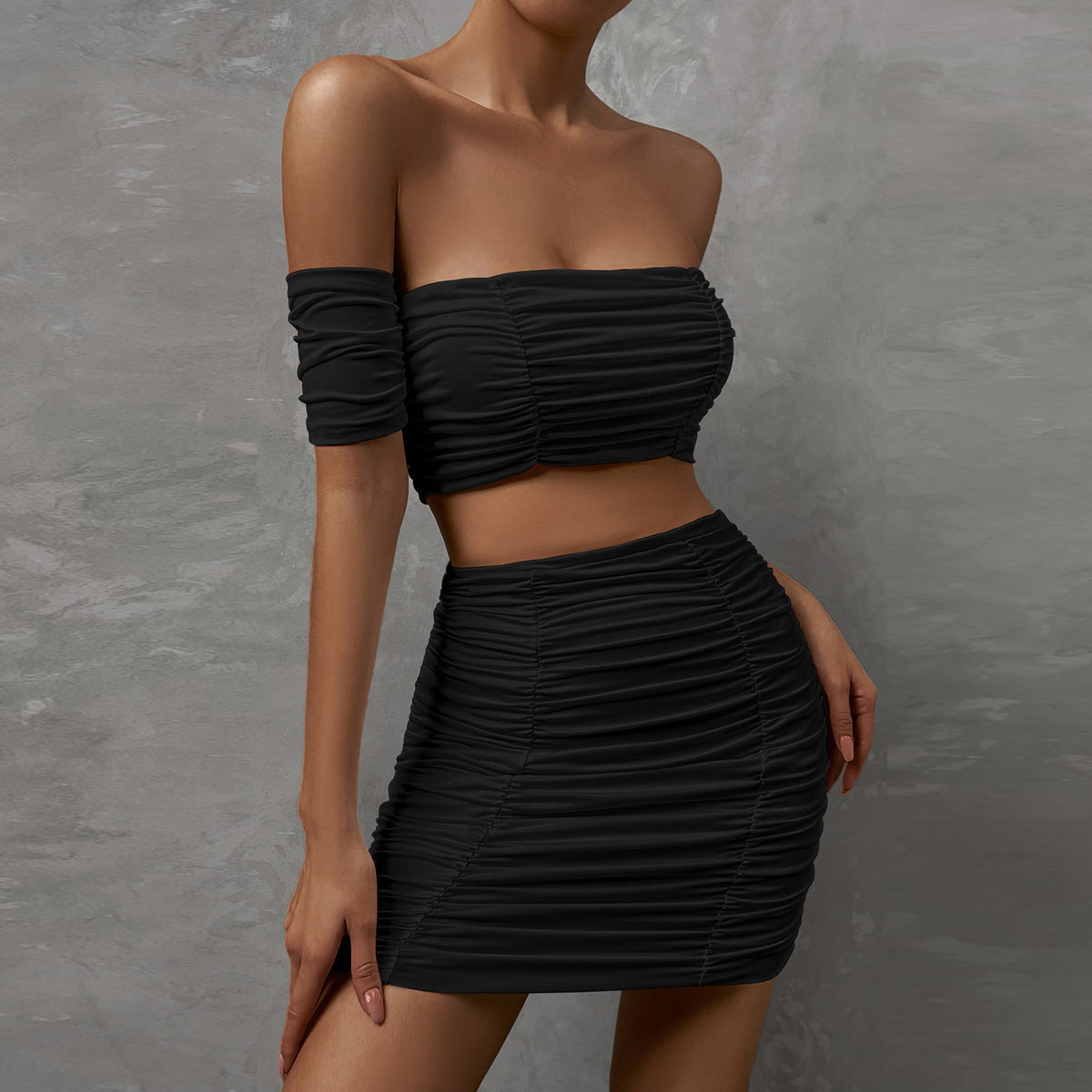 Women's Fashionable Casual Raglan Short Sleeve Pleated Hip Skirt -