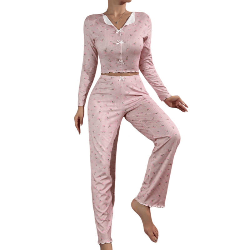 Home Wear Casual Printed Trousers Long Sleeve European And American Suitable For Daily Wear Two-piece Set -